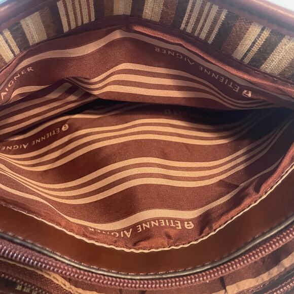 Etienne Aigner Brown Striped Bag Womens Leather Trim Handbag Purse - Picture 11 of 14